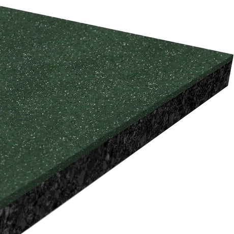 A close-up of the ECORE Athletic ECORE Performance Rally Rubber Roll - 14.5mm Flooring shows its green speckled surface with black textured edges, displayed at an angle against a white background.