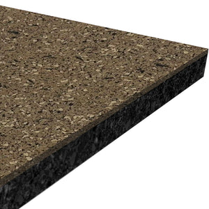 Close-up of the ECORE Athletic ECORE Performance Rally Rubber Roll - 14.5mm Flooring, showcasing its thick, rectangular sheet with a textured, speckled brown and black surface and layered composite cork and rubber structure.