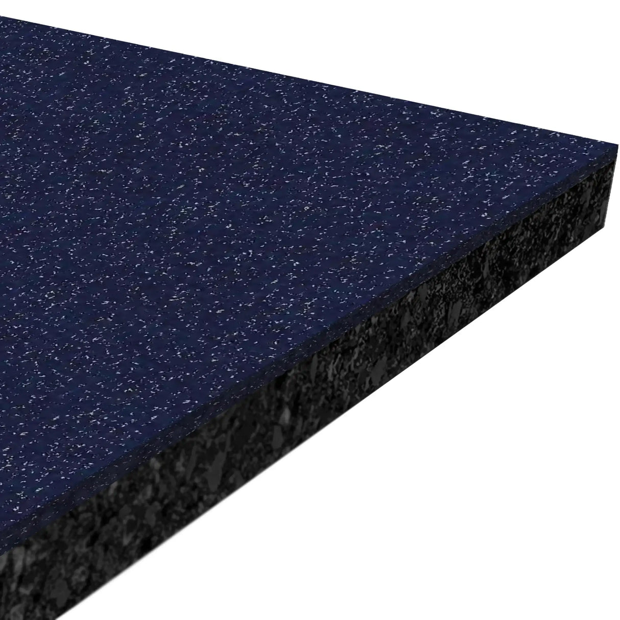A close-up of the ECORE Performance Rally Rubber Roll - 14.5mm Flooring by ECORE Athletic, featuring a rectangular, blue speckled surface with a thick black base, displayed at an angle against a white background.