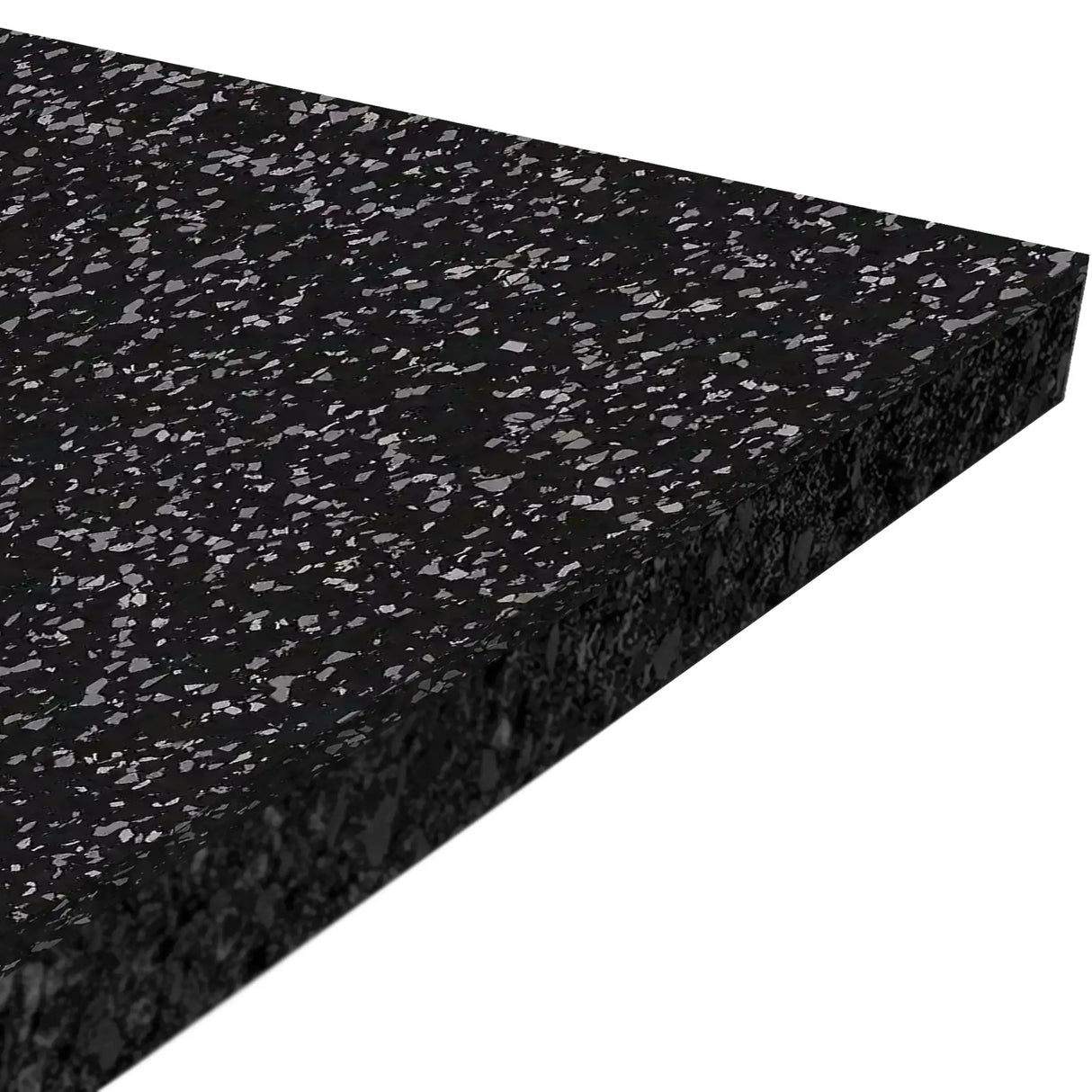 Close-up of the ECORE Performance Rally Rubber Roll - 14.5mm Flooring by ECORE Athletic, a thick rectangular black mat with gray speckles, displayed at an angle against a white background.