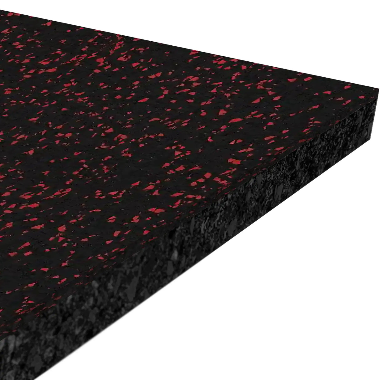 A close-up of the ECORE Performance Rally Rubber Roll - 14.5mm Flooring by ECORE Athletic, a thick, rectangular black mat with red speckles, shown angled on a white background.