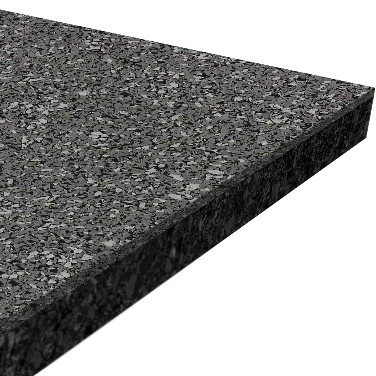 A close-up of the ECORE Athletic ECORE Performance Rally Rubber Roll - 14.5mm Flooring shows its rectangular shape, black speckled texture, thickness, and slightly angled edges.