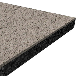 A close-up view of the ECORE Performance Rally Rubber Roll - 14.5mm Flooring by ECORE Athletic, showing its smooth top surface and textured edge in a rectangular piece with a speckled gray finish.