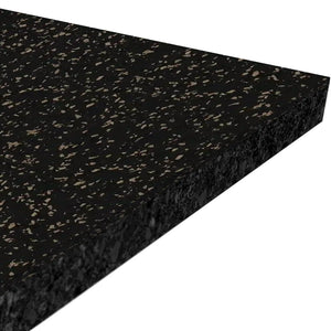 A close-up of the ECORE Athletic Performance Rally Rubber Roll - 14.5mm Flooring, a thick rectangular black gym mat with gray speckles, shown at an angle.