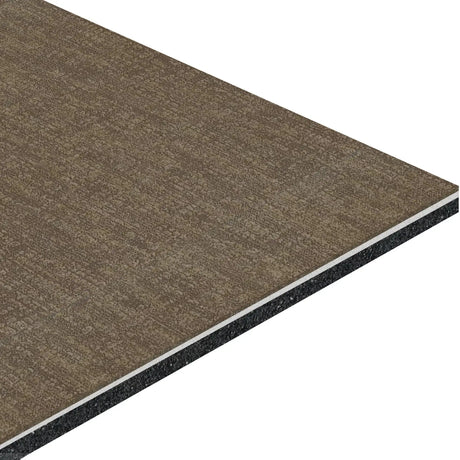 A close-up, angled view of the ECORE Athletic Restorative Motivate Laminate Roll - 7mm Class 1 Flooring highlights its brown textured surface and layered construction.