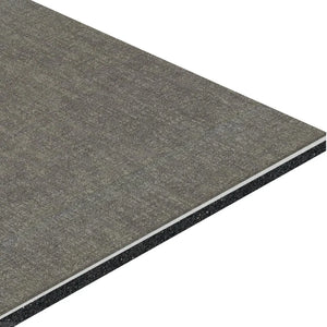 A close-up of the ECORE Athletic Restorative Motivate Laminate Roll - 7mm Class 1 Flooring shows its rectangular, textured gray surface and layered cross-section with a thin white core between gray top and darker bottom layers.