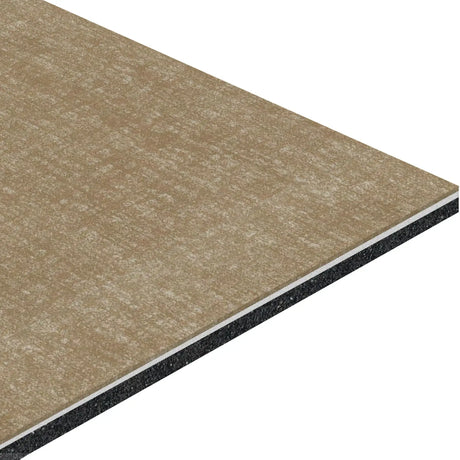 A close-up side view of the ECORE Restorative Motivate Laminate Roll - 7mm Class 1 Flooring by ECORE Athletic shows its rectangular, brown, textured panel with multiple layered construction, featuring a dark core and lighter surfaces against a white background.