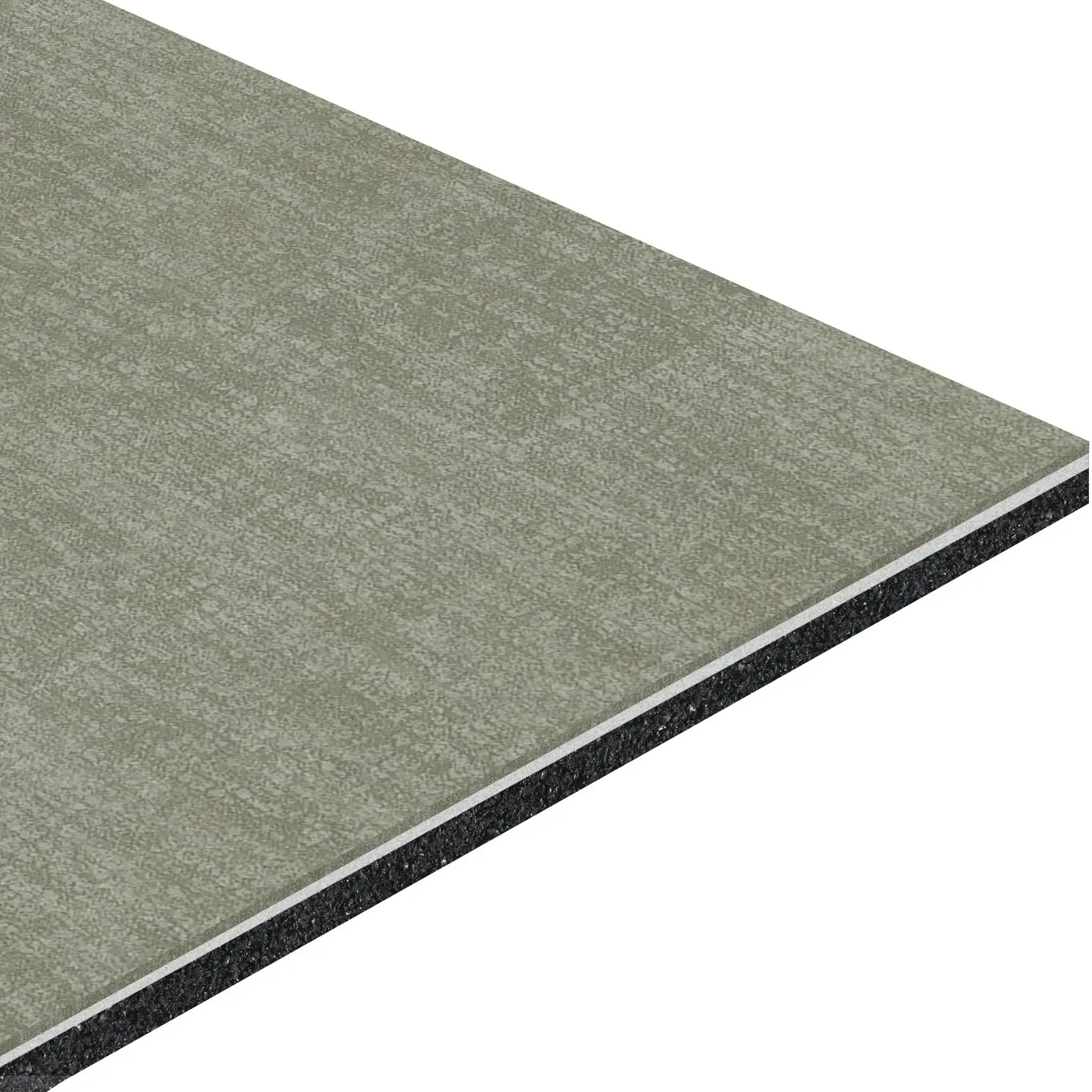 A close-up of an angled ECORE Restorative Motivate Laminate Roll - 7mm Class 1 Flooring by ECORE Athletic, featuring a textured light gray surface and black edge, resembling high-quality composite building material.