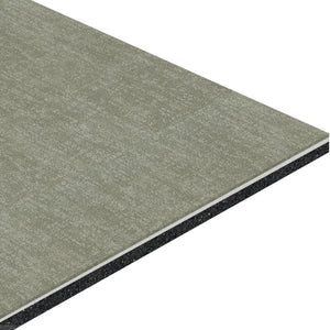A close-up of an angled ECORE Restorative Motivate Laminate Roll - 7mm Class 1 Flooring by ECORE Athletic, featuring a textured light gray surface and black edge, resembling high-quality composite building material.