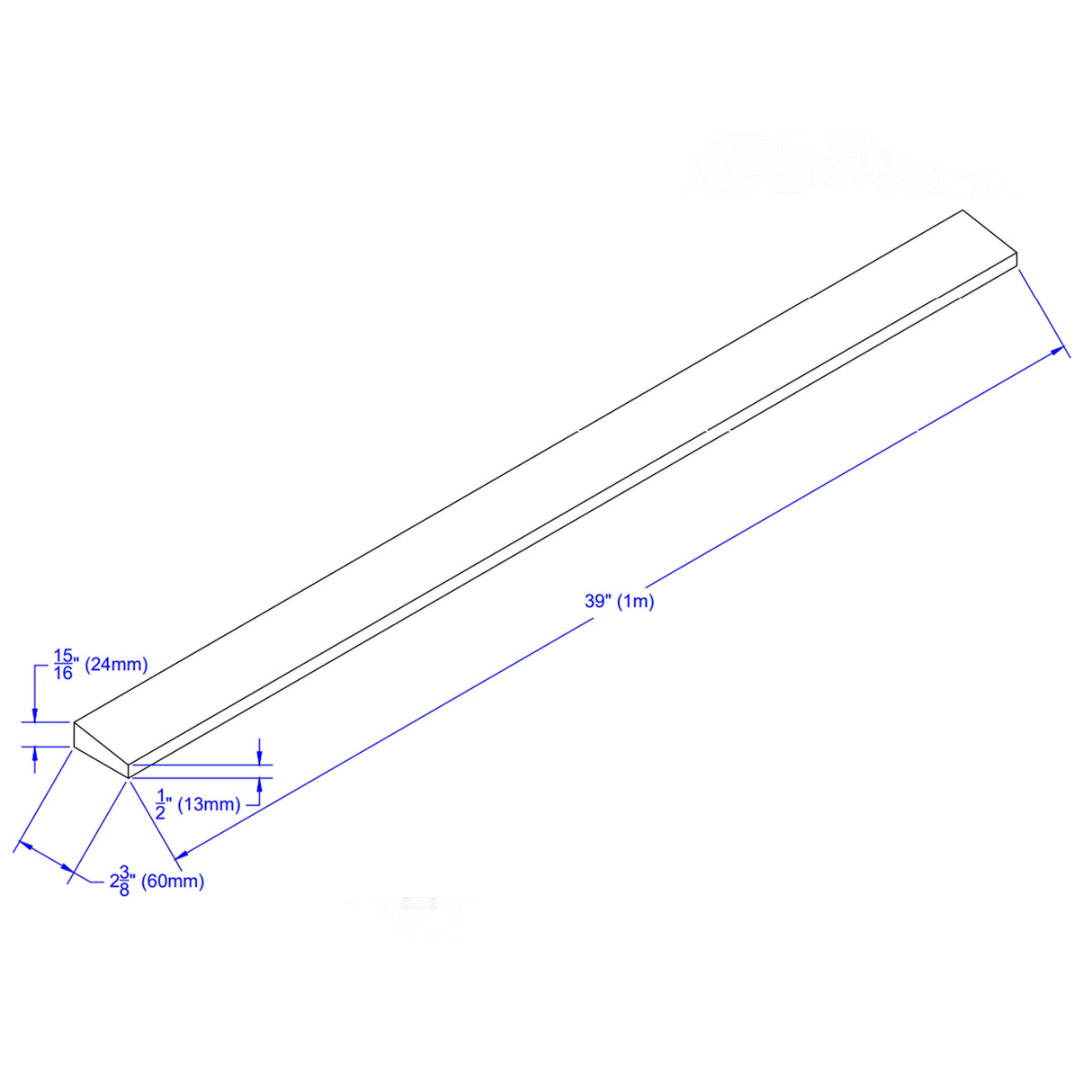 Isometric drawing of ECORE Athletic's ECORE Rubber Paver Sloped Edge Reducer, 2.5" wide, 39" (1m) long, 15/16" (24mm) high with an additional 1/2" (13mm) height at one end.