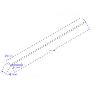 Isometric drawing of ECORE Athletic's ECORE Rubber Paver Sloped Edge Reducer, 2.5" wide, 39" (1m) long, 15/16" (24mm) high with an additional 1/2" (13mm) height at one end.