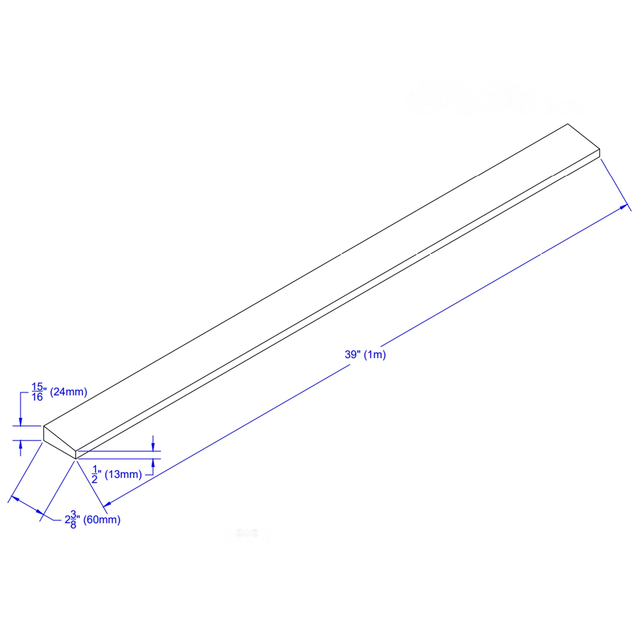 Isometric drawing of the ECORE Rubber Paver Sloped Edge Reducer by ECORE Athletic, showing dimensions: 39" (1m) length, 2.5" (63mm) width, 15/16" (24mm) height, and 1/2" (13mm) chamfer on both ends.
