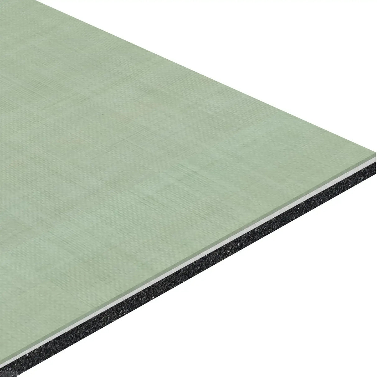 A close-up of the ECORE Athletic ECORE Serenity Motivate Laminate Roll - 7mm Class 1 Flooring highlights its rectangular, layered structure with a greenish top surface and dark core, showcasing texture and thickness.