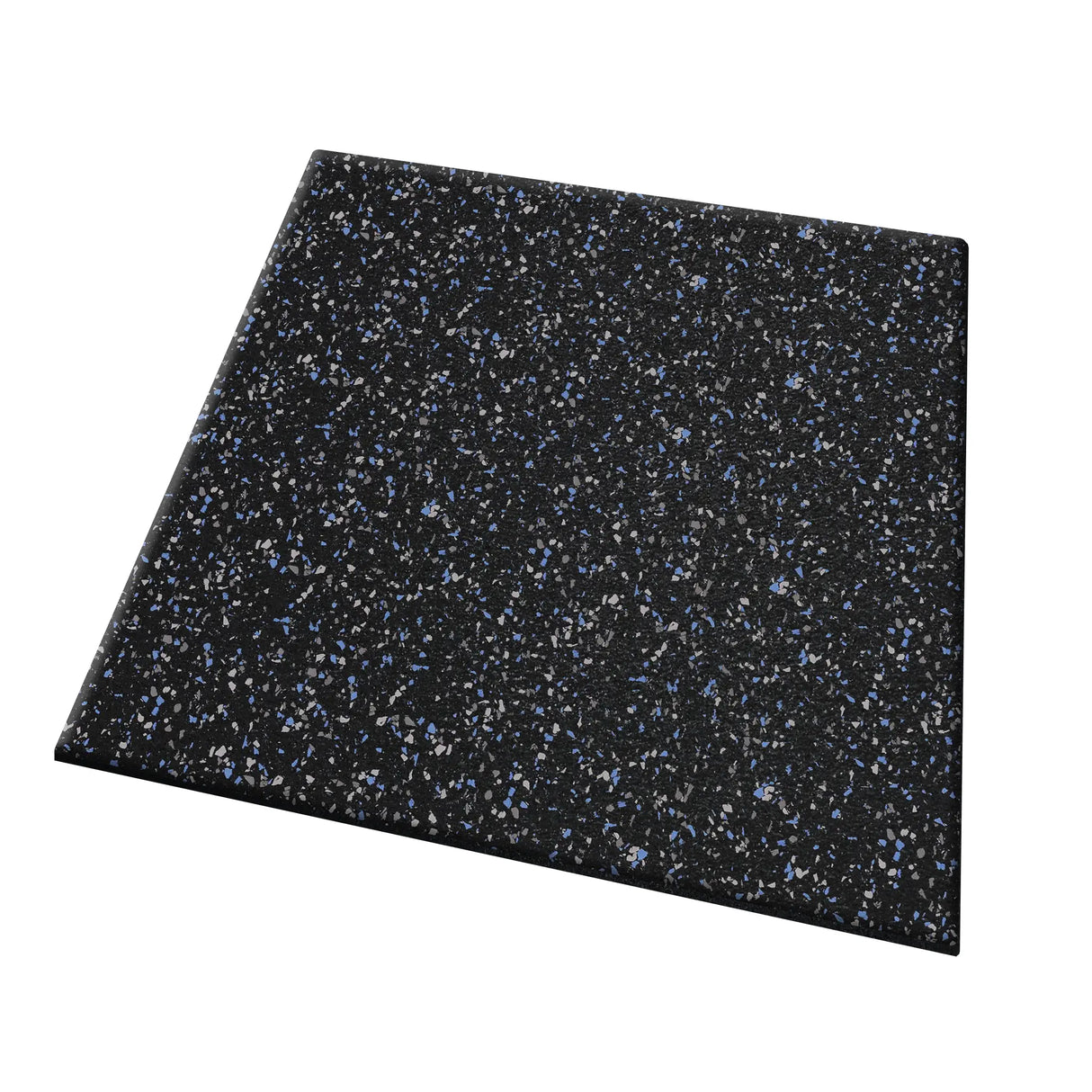 The ECORE Athletic Performance UltraTile is a 1" thick square black rubber tile featuring small blue and white speckles, shown at an angle on a white background.