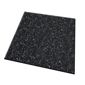 The ECORE Athletic Performance UltraTile is a 1" thick square black rubber tile featuring small blue and white speckles, shown at an angle on a white background.