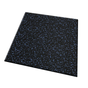 The ECORE Performance UltraTile - 1" Rubber Tile by ECORE Athletic is a square, black rubber gym flooring tile with small blue specks, a textured matte surface, and is shown against a white background.