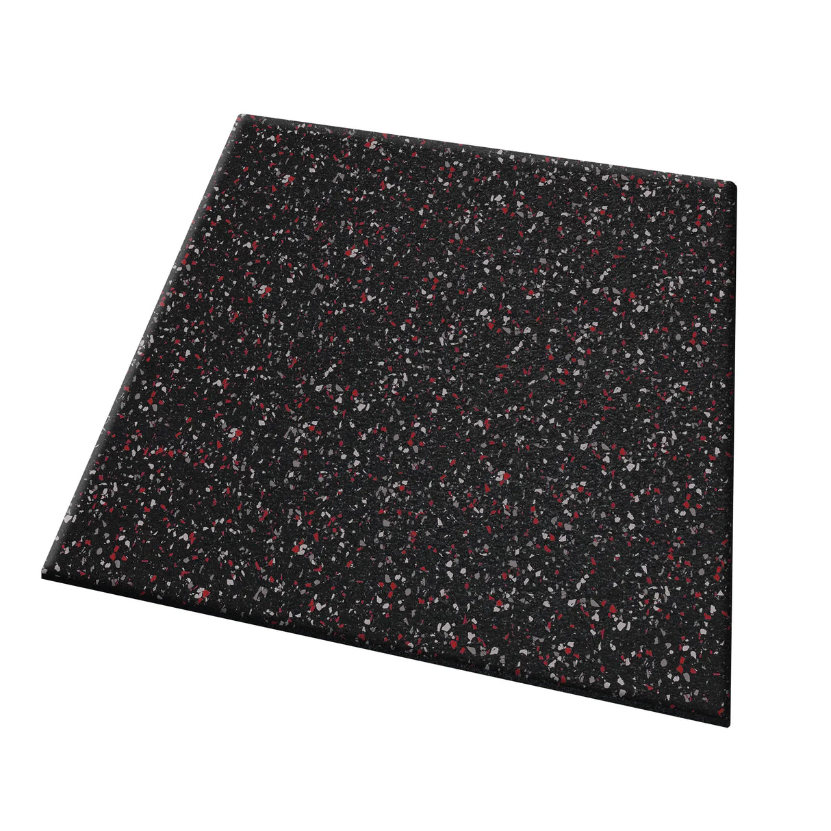 The ECORE Performance UltraTile - 1" Rubber Tile by ECORE Athletic is a square black gym flooring tile with red, white, and gray speckles throughout, displayed on a white background.