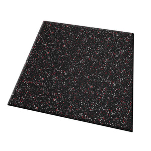 The ECORE Performance UltraTile - 1" Rubber Tile by ECORE Athletic is a square black gym flooring tile with red, white, and gray speckles throughout, displayed on a white background.