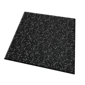 The ECORE Performance UltraTile - 1" Rubber Tile from ECORE Athletic is a rectangular black tile with a polished surface and a speckled pattern of white and gray flecks. It features slightly rounded edges.