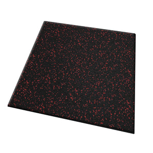 The ECORE Athletic Performance UltraTile is a 1" thick, square black rubber gym tile with small red speckles. Shown on a white background, it's durable and ideal for fitness or exercise flooring.