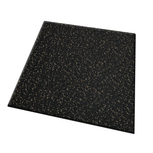 An ECORE Athletic Performance UltraTile 1" black rubber gym flooring tile with small light brown speckles, displayed against a white background.