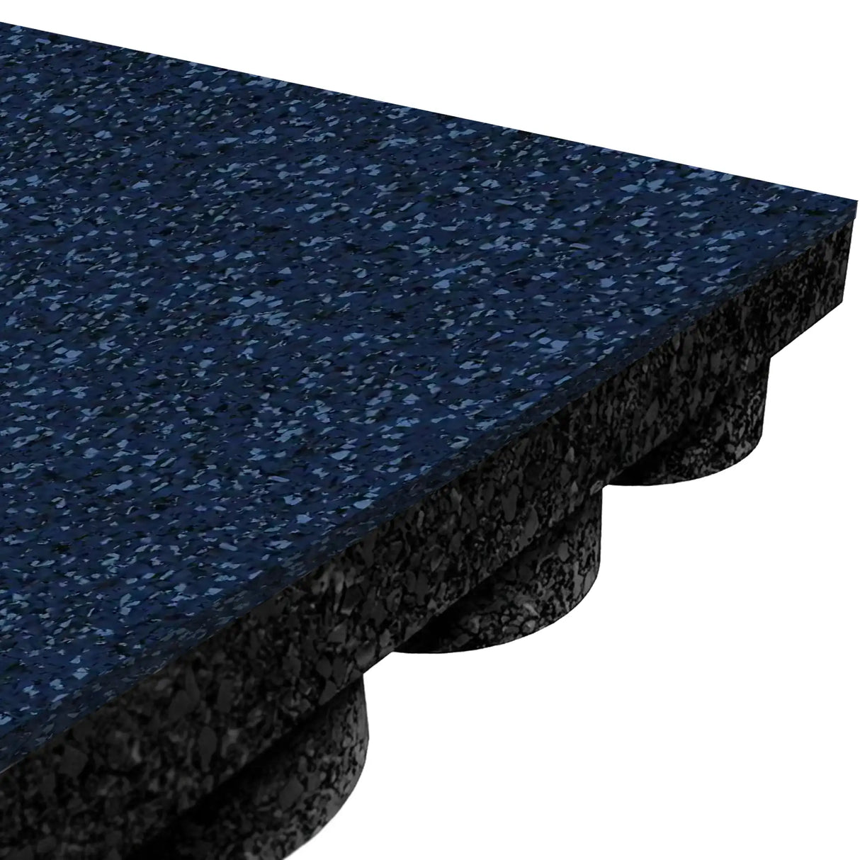 A close-up of the ECORE Performance UltraTile - 1" Rubber Tile by ECORE Athletic, featuring blue speckles, a textured top, and a wavy elevated underside for superior cushioning and shock absorption.