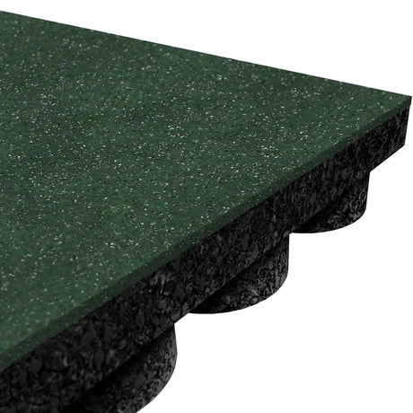 Close-up of the ECORE Performance UltraTile - 1" Rubber Tile by ECORE Athletic, featuring a green speckled textured surface and a black underside with circular protrusions for shock absorption and support.