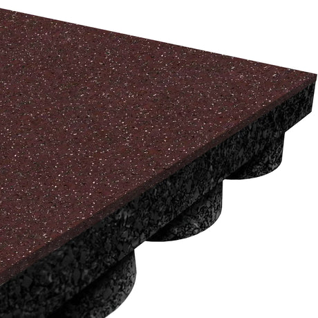 Close-up of ECORE Performance UltraTile - 1" Rubber Tile by ECORE Athletic, featuring a thick, dark red, speckled surface and a waffle-patterned underside for cushioned flooring applications.