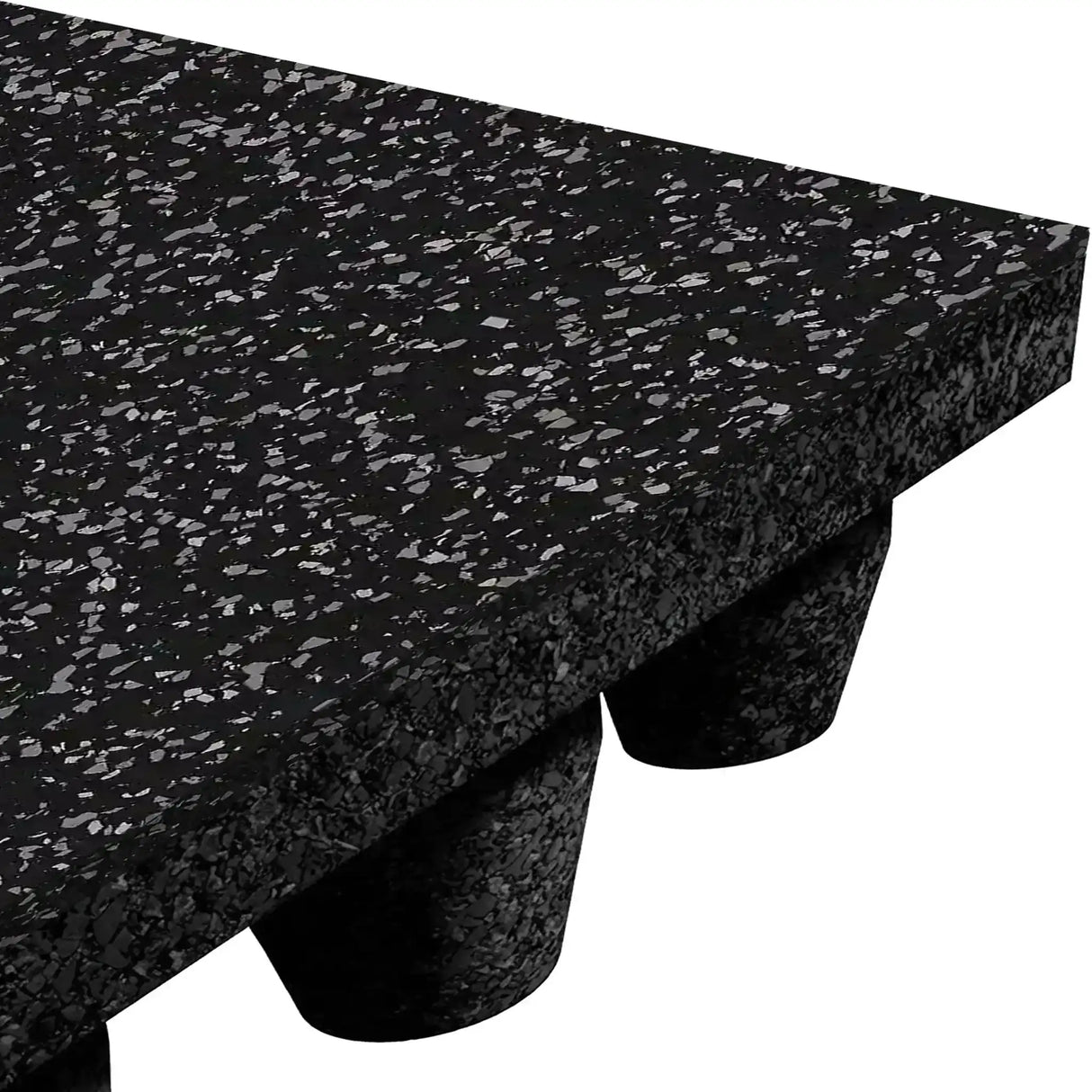 Close-up of the ECORE Performance dBTile Rubber Tile - 2.5" Acoustic Flooring by ECORE Athletic, showing the thick black tile with grey flecks, textured surface, and underside with raised cylindrical supports.
