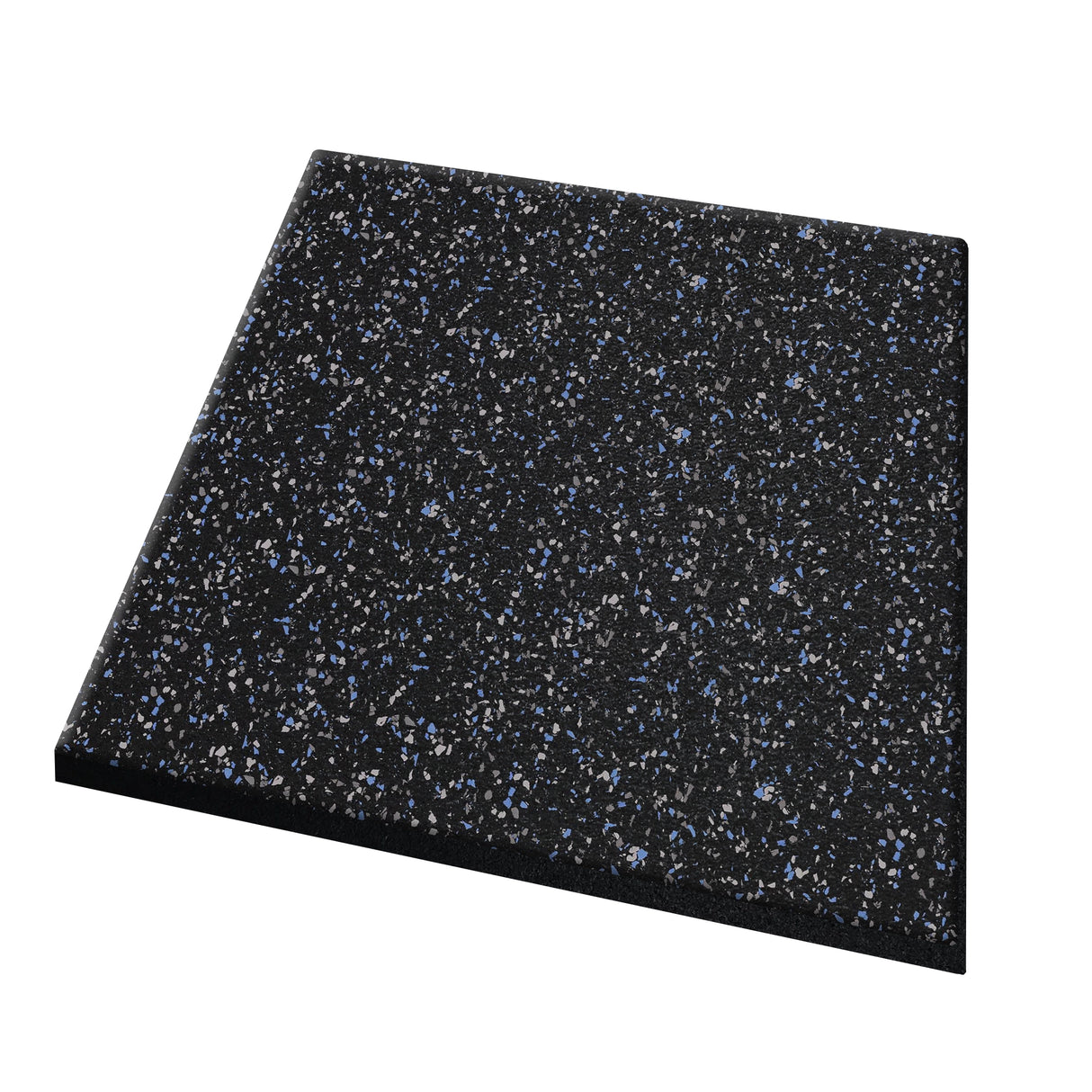 The ECORE Athletic Performance dBTile Rubber Tile is a 2.5" thick rectangular black acoustic flooring with small blue and white speckles, shown on a white background.