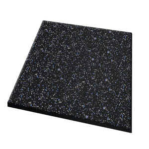 The ECORE Athletic Performance dBTile Rubber Tile is a 2.5" thick rectangular black acoustic flooring with small blue and white speckles, shown on a white background.