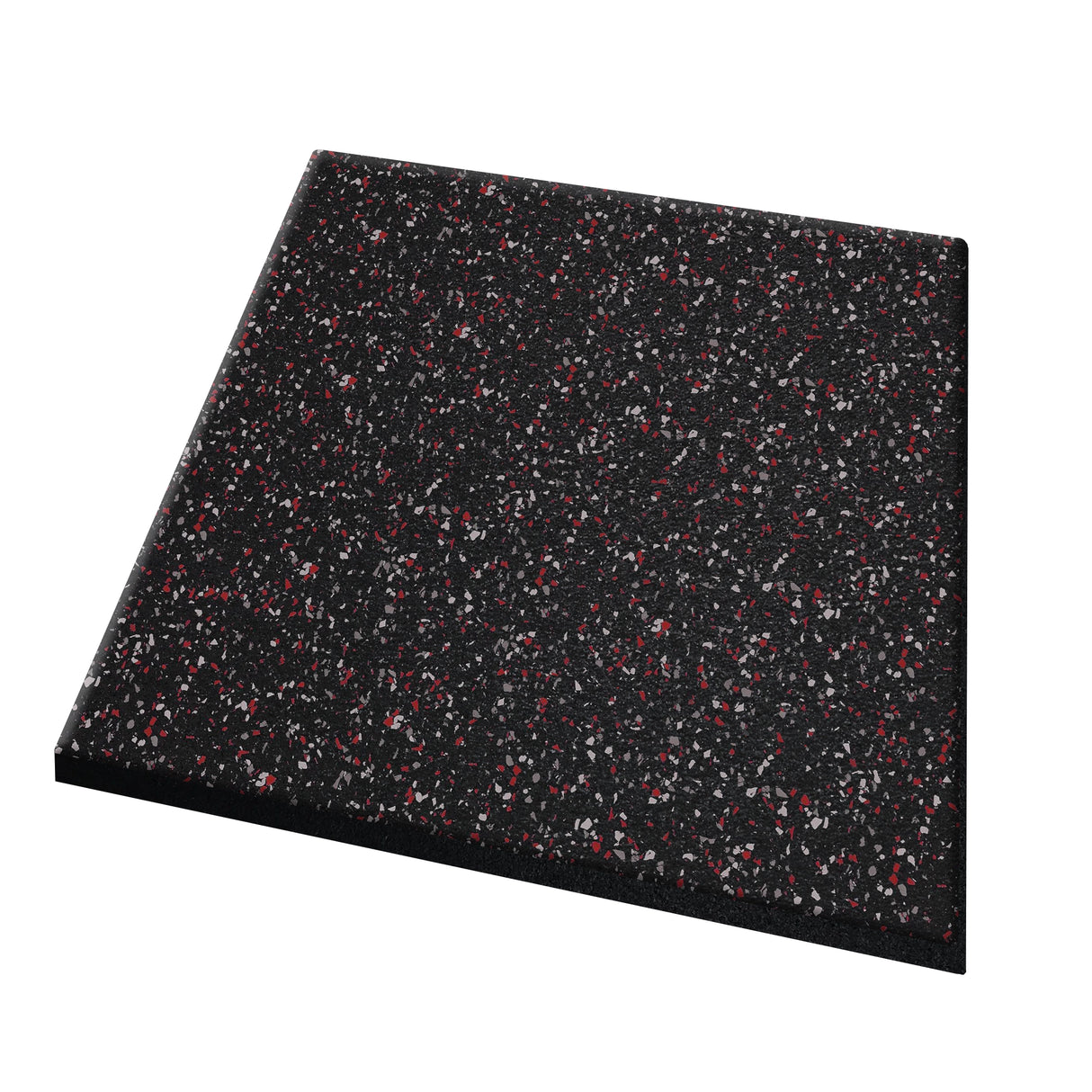 The ECORE Performance dBTile Rubber Tile - 2.5" Acoustic Flooring by ECORE Athletic is a square black tile with small red, white, and gray speckles, displayed on a white background.