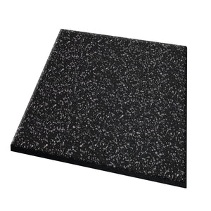 A square ECORE Athletic Performance dBTile Rubber Tile, 2.5" thick acoustic flooring in black with white and gray speckles, is displayed against a white background.