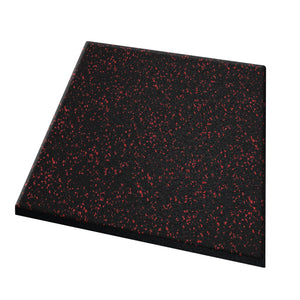 The ECORE Athletic Performance dBTile Rubber Tile is a 2.5" square, flat black acoustic flooring tile with small red speckles, shown against a white background.