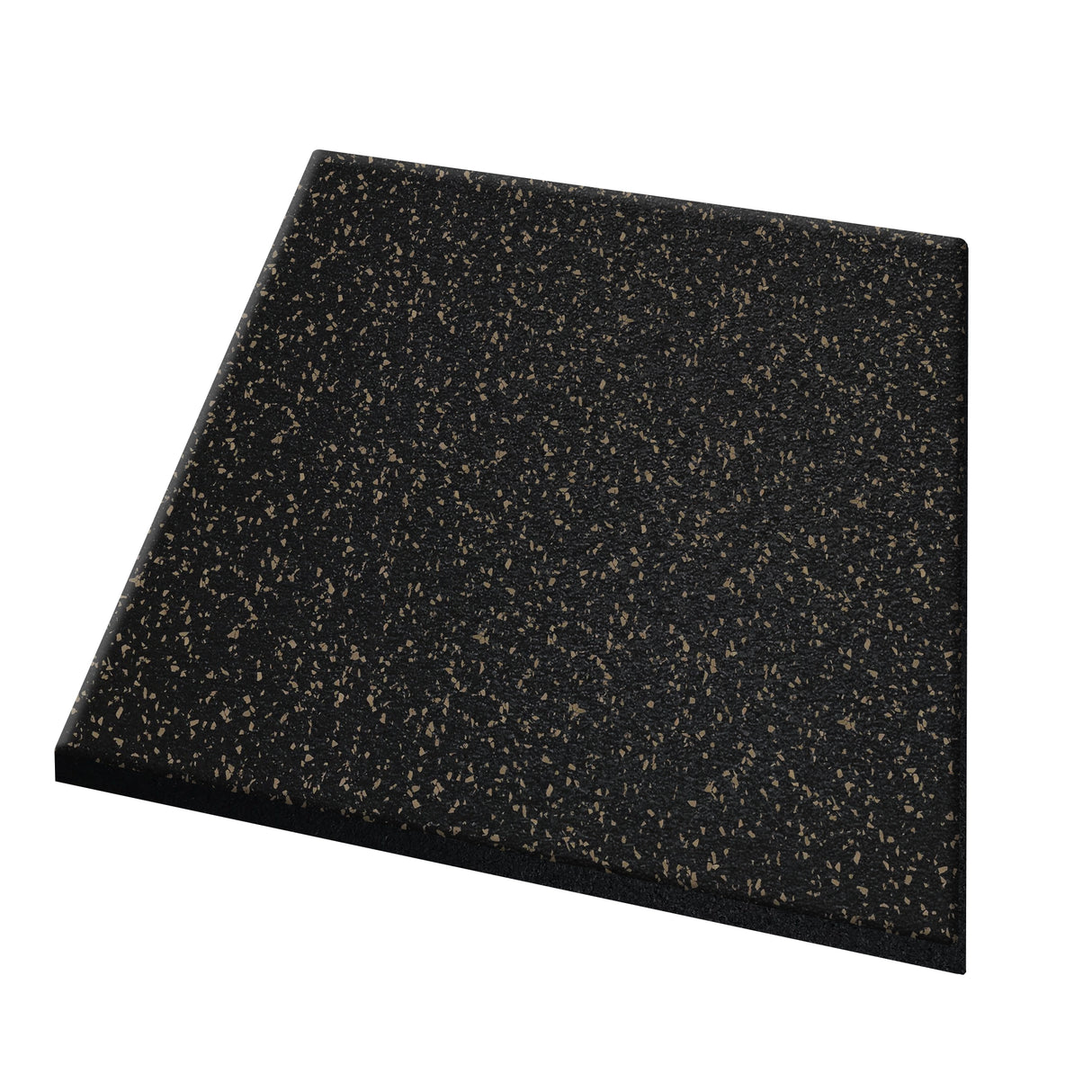 The ECORE Athletic Performance dBTile Rubber Tile - 2.5" Acoustic Flooring is a square black mat with small tan speckles, shown at an angle on a white background.