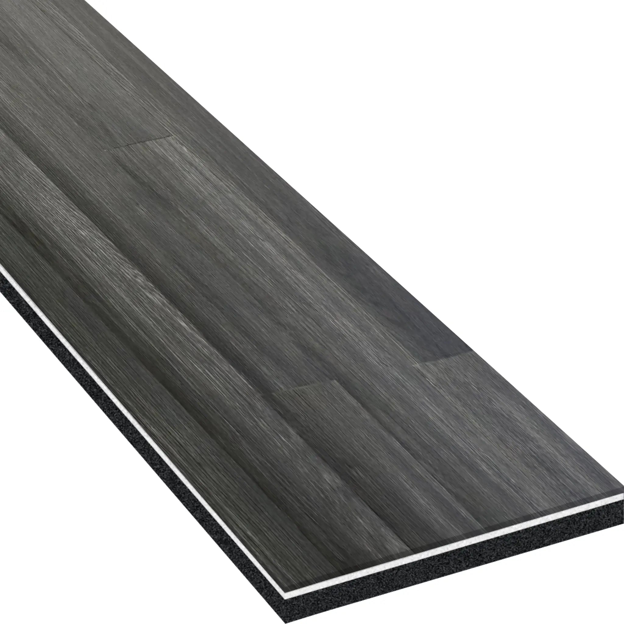 A close-up of an ECORE Heritage Motivate Vinyl Plank by ECORE Athletic shows a single, rectangular dark gray 7mm PVT Performance Flooring plank with wood grain pattern and visible multi-layered edge.
