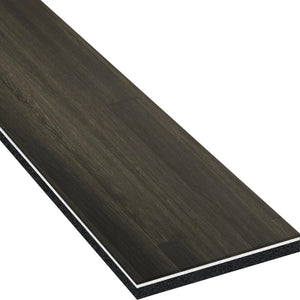 A close-up of a single ECORE Heritage Motivate Vinyl Plank - 7mm PVT Performance Flooring by ECORE Athletic highlights its dark wood-look finish, layered structure, and beveled edges.