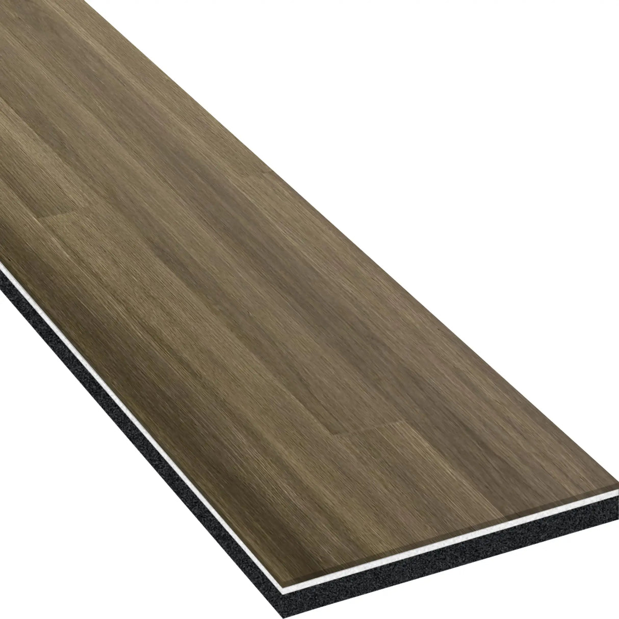 The ECORE Heritage Motivate Vinyl Plank - 7mm PVT Performance Flooring by ECORE Athletic is a single rectangular, brown wood-look vinyl plank shown angled to highlight its textured surface and layered construction including the core.