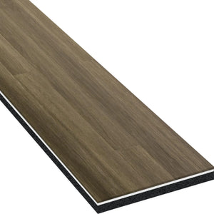 The ECORE Heritage Motivate Vinyl Plank - 7mm PVT Performance Flooring by ECORE Athletic is a single rectangular, brown wood-look vinyl plank shown angled to highlight its textured surface and layered construction including the core.