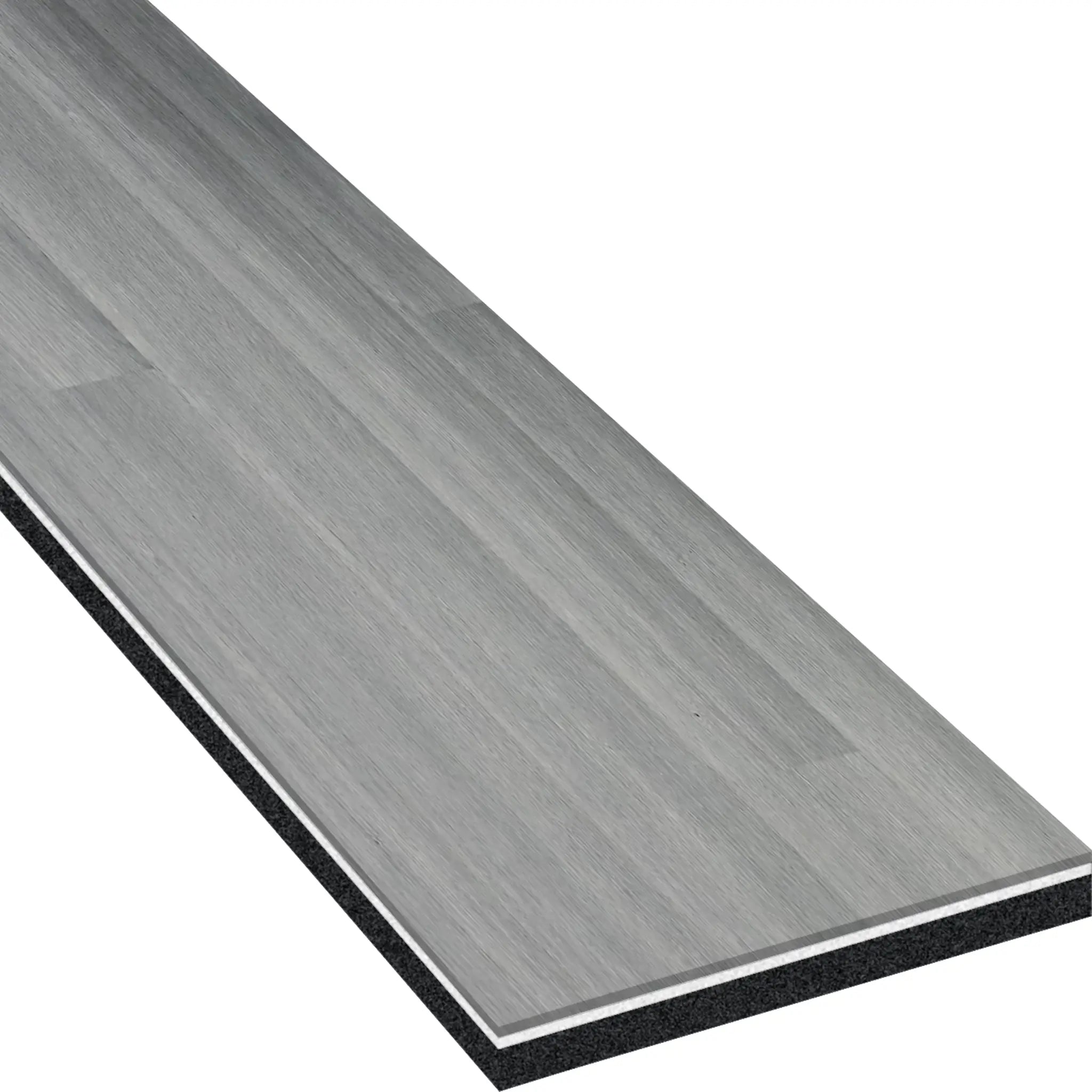 A close-up of the ECORE Heritage Motivate Vinyl Plank by ECORE Athletic highlights its gray wood grain texture and layered 7mm PVT Performance Flooring construction.