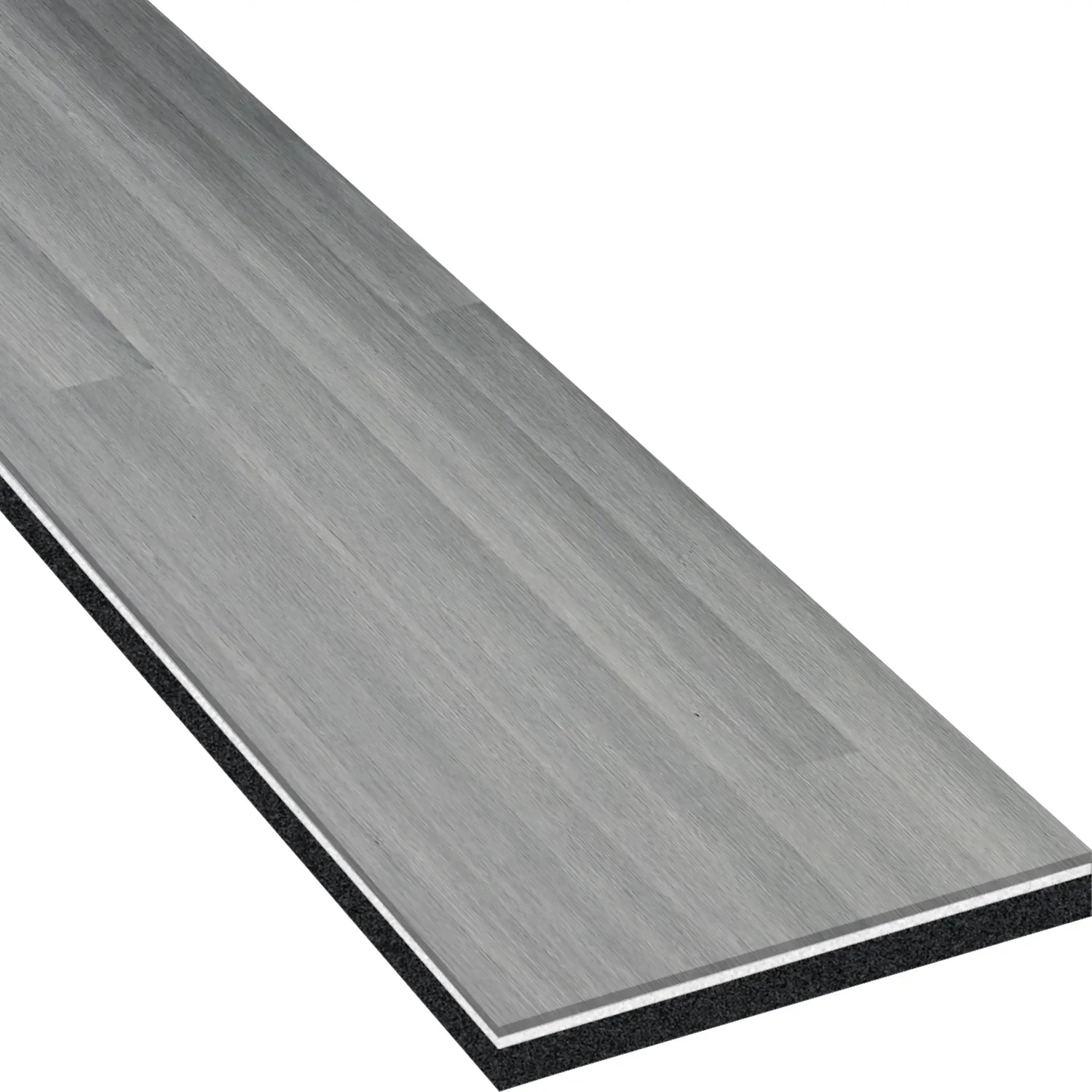 A close-up of the ECORE Heritage Motivate Vinyl Plank by ECORE Athletic highlights its gray wood grain texture and layered 7mm PVT Performance Flooring construction.