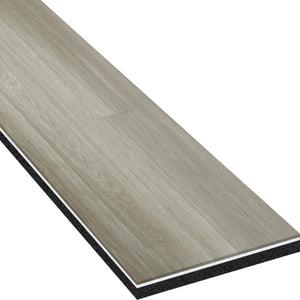 A single ECORE Heritage Motivate Vinyl Plank—7mm thick PVT Performance Flooring by ECORE Athletic—is shown in light gray, with its layered construction and material composition visible along the edge.