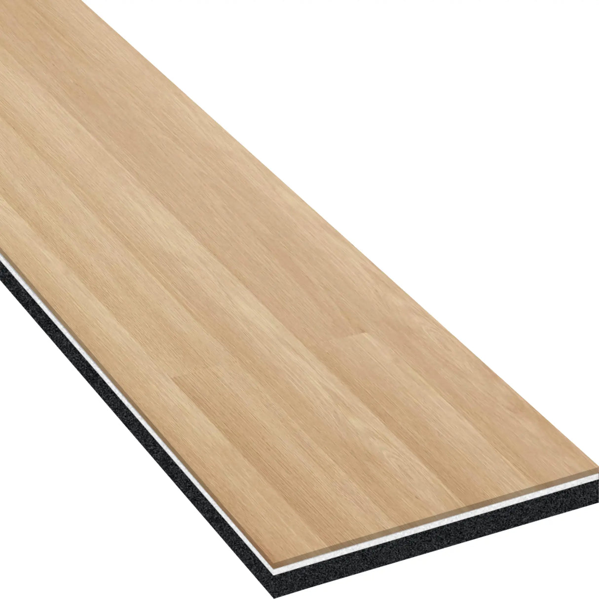 The ECORE Heritage Motivate Vinyl Plank - 7mm PVT Performance Flooring by ECORE Athletic is shown in a rectangular light wood style, highlighting its surface texture and layered construction in a cross-sectional view.