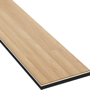 The ECORE Heritage Motivate Vinyl Plank - 7mm PVT Performance Flooring by ECORE Athletic is shown in a rectangular light wood style, highlighting its surface texture and layered construction in a cross-sectional view.