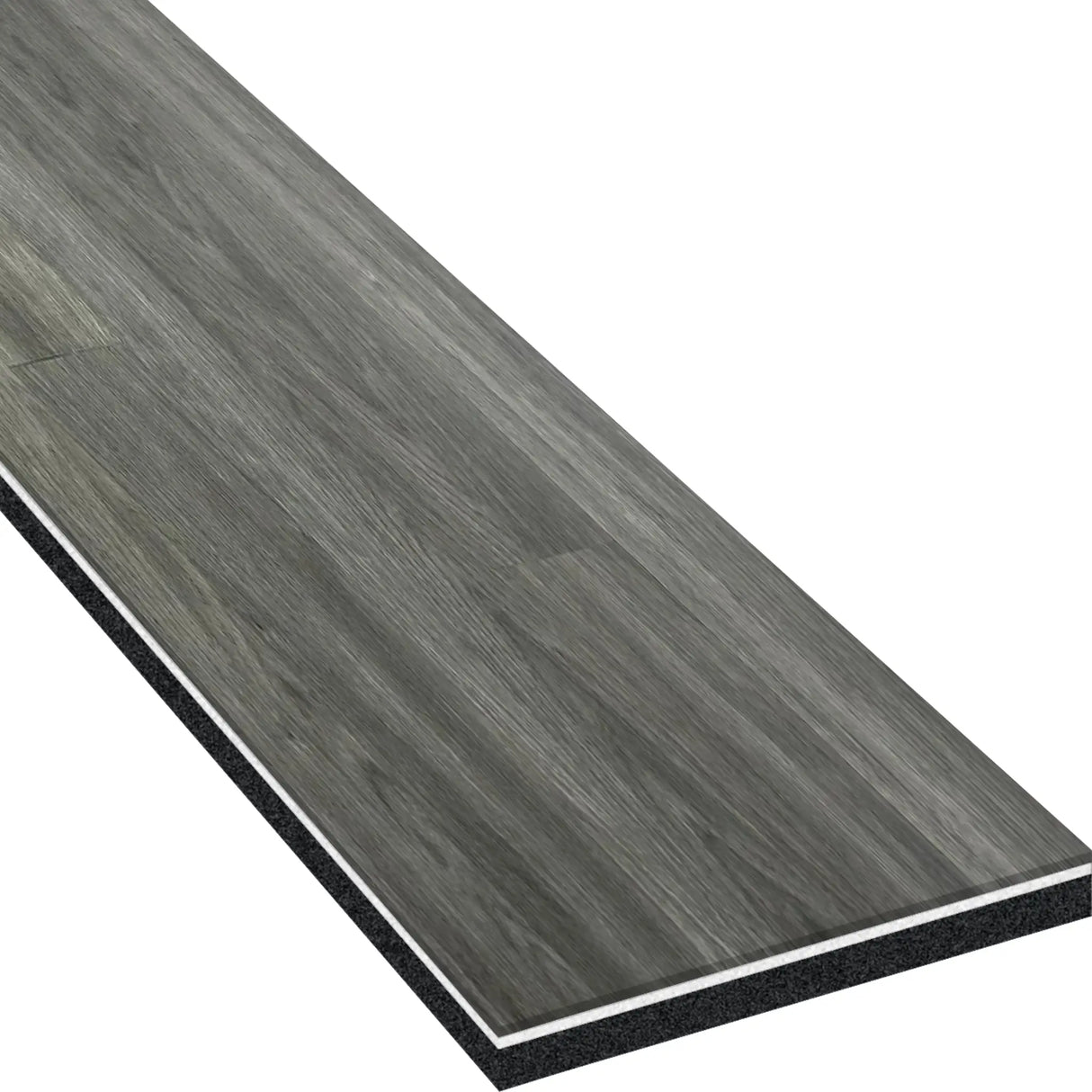A close-up of one rectangular ECORE Heritage Motivate Vinyl Plank - 7mm PVT Performance Flooring by ECORE Athletic showcases its gray wood-look, textured grain, and visible layered construction along the edges.