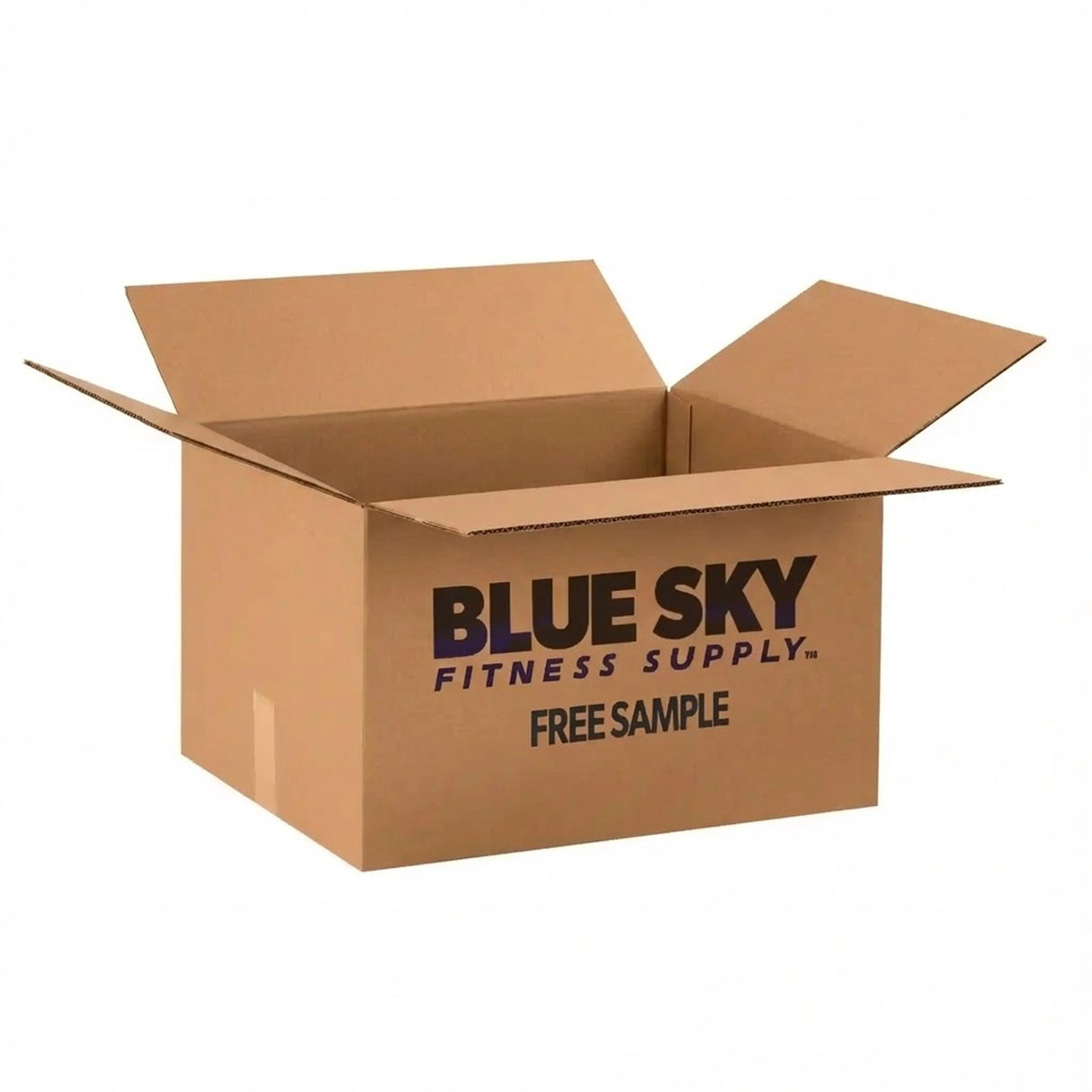 Cardboard box with 'Blue Sky Fitness Supply' branding on a white background