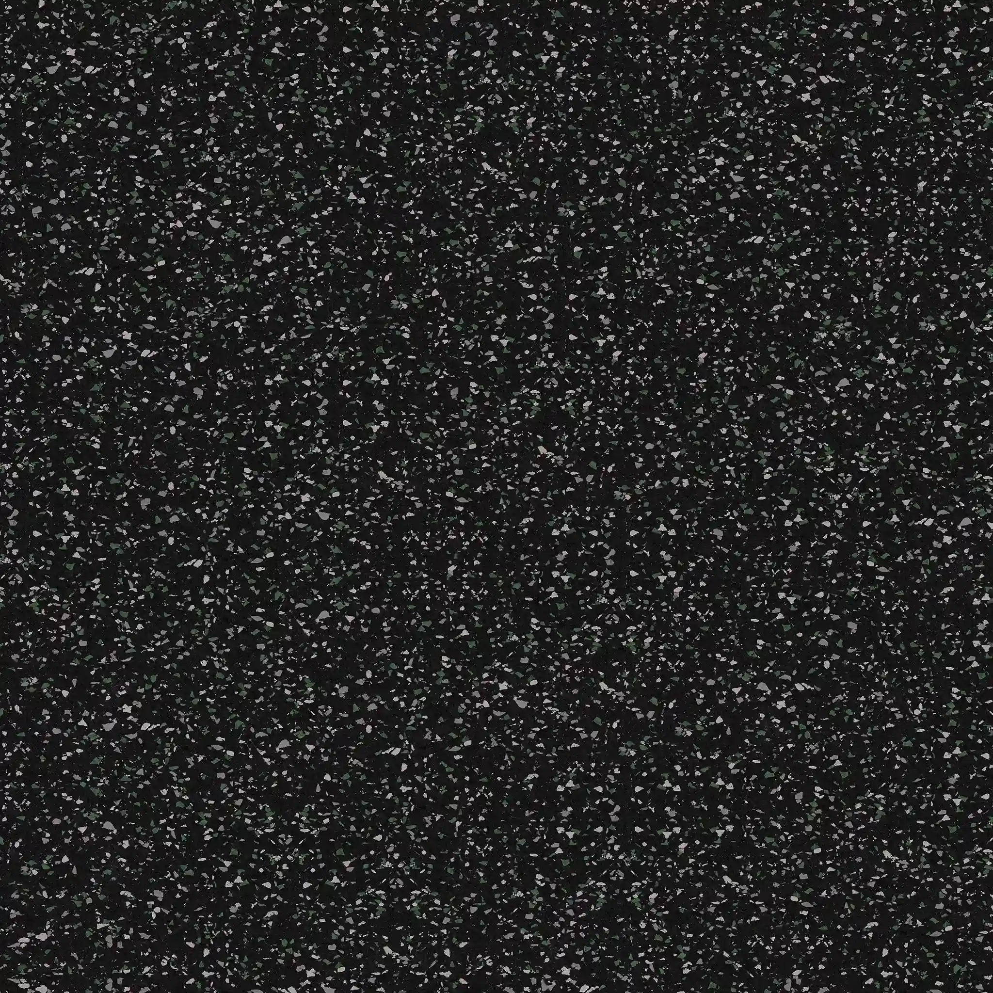A close-up of ECORE Athletic's Rubber Floor Tiles - 8mm Interlocking shows a dark, speckled surface with dense white and gray dots, similar to granite or a starlit night sky.