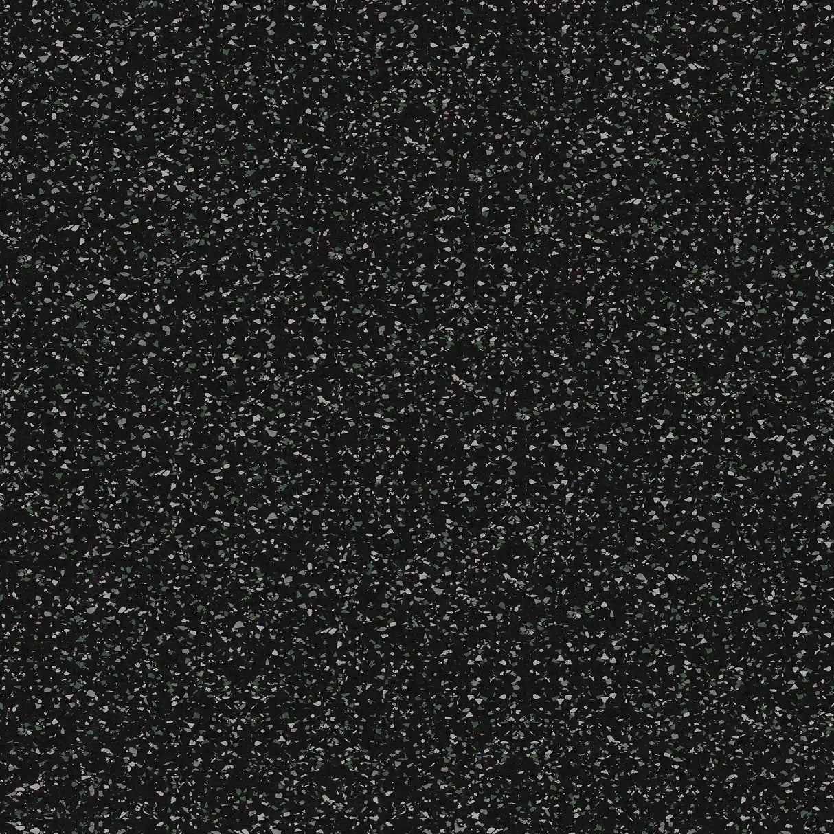 A close-up of ECORE Athletic's Rubber Floor Tiles - 8mm Interlocking shows a dark, speckled surface with dense white and gray dots, similar to granite or a starlit night sky.