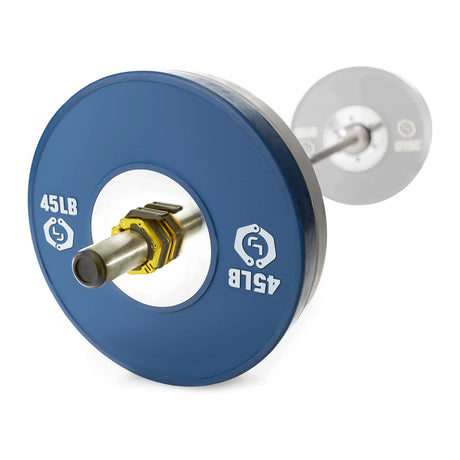 A pair of black and gold Lock-Jaw metal barbell collars on a barbell with 45lb plates.