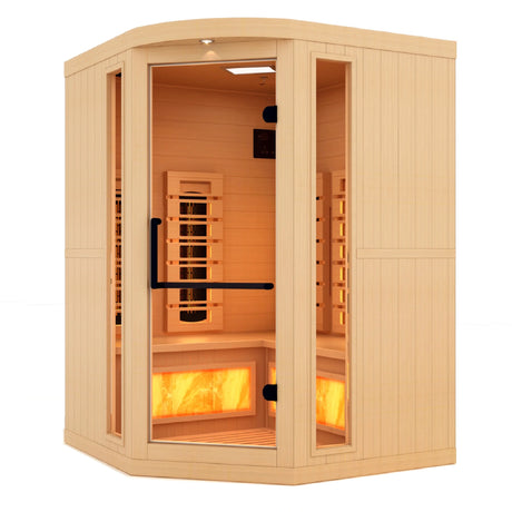 Golden Designs 2025 Reserve Edition full spectrum infrared corner model sauna with a 2 person capacity and built in himalayan salt bar